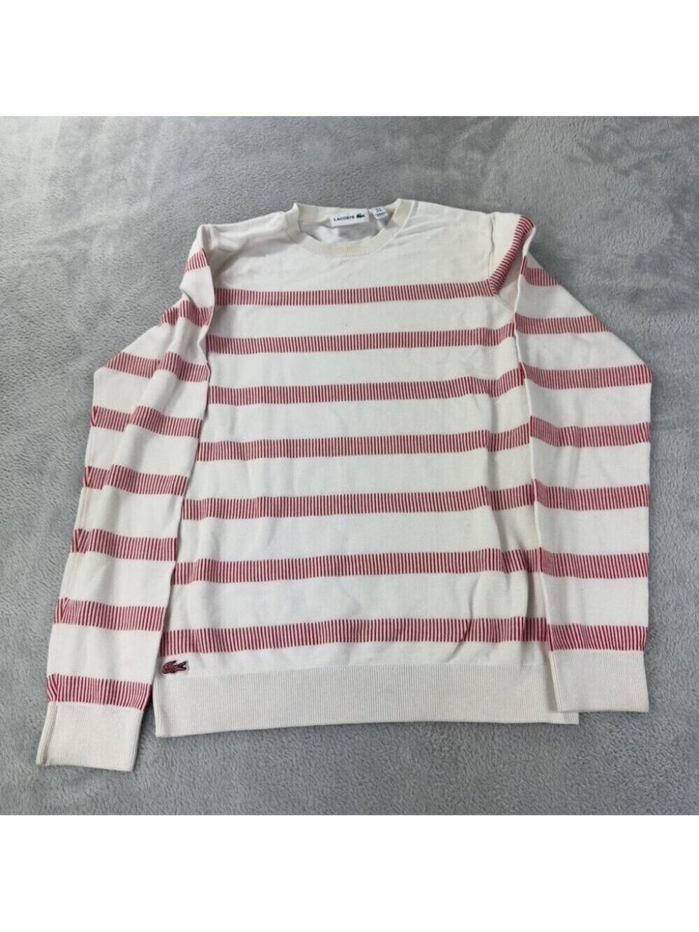 Lacoste Cream and Red Striped Crew Neck Sweater